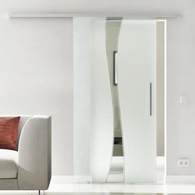Levidor Glasschiebetür Komplettset Bremen aus Aluminium und Glas mit Stangengriff und SoftClose, Farbe Silber/Weiß, B: 77,5 cm, H: 205 cm - Bild 1