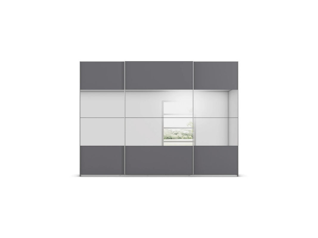 RAUCH Quadra Schwebetürenschrank Orange mit Spiegelelementen und integrierten Schubladen, Korpus Graumetallic, B/H/T: 315 x 230 x 62 cm - Bild 3