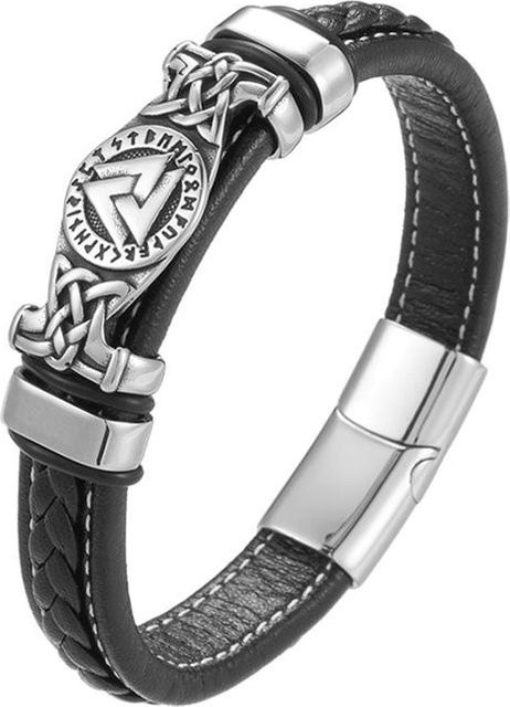 Armband Leder geflochten, Vegvisir Amulett, Schwarz, Weiß, Herren, 23cm - Bild 1