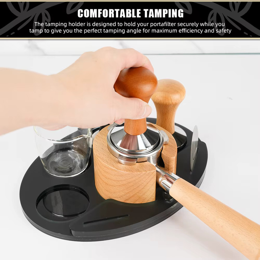 Dalinwell Espresso Tamper Station aus Holz in Braun oder Schwarz als kompakte Kaffee Werkzeuge Halterung und Siebträger Standfuß - Bild 4