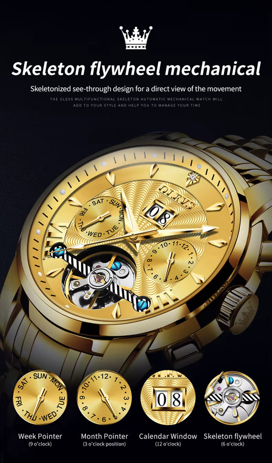OLEVS Armbanduhr Automatik, Edelstahl, Bicolor, Gold, Herren - Bild 5
