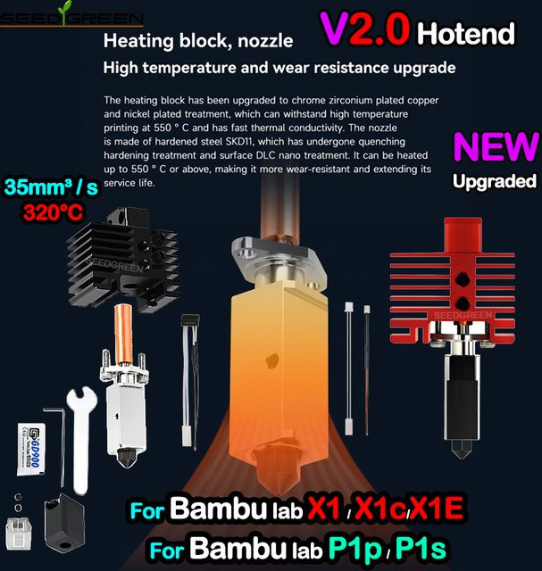 Bambu Lab Hotend Upgrade TZ 2.0 Version für Bamboo X1, X1C, X1E, P1P, P1S mit Bi-Metal, Messing, Kupfer und gehärteten Düsen sowie Thermistor - Bild 1