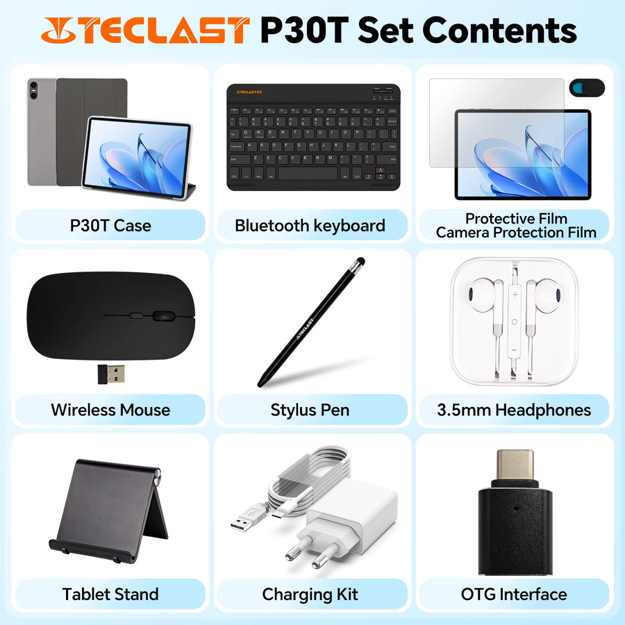 Teclast P30T Tablet Hülle mit Tastatur, Maus, Stylus und Kopfhörer in Schwarz und Grau - Bild 2
