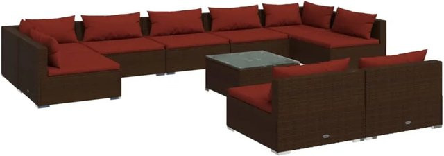 vidaXL 10-tlg Garten-Lounge-Set in U-Form aus braunem Poly-Rattan mit Kissen und Couchtisch - Bild 1