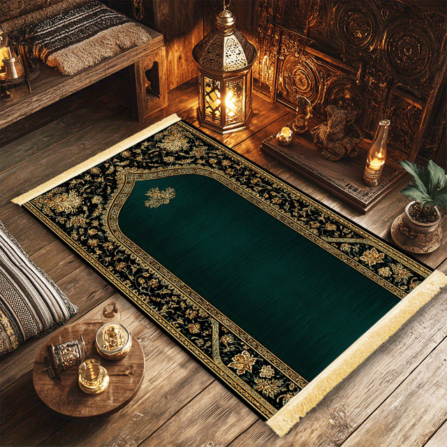 VIKAMA Gebetsteppich mit Palast-Muster in Smaragd und Gold, Plüsch-Samt Anbetungsmatte mit Quastenrand für dein Zuhause und Schlafzimmer - Bild 1