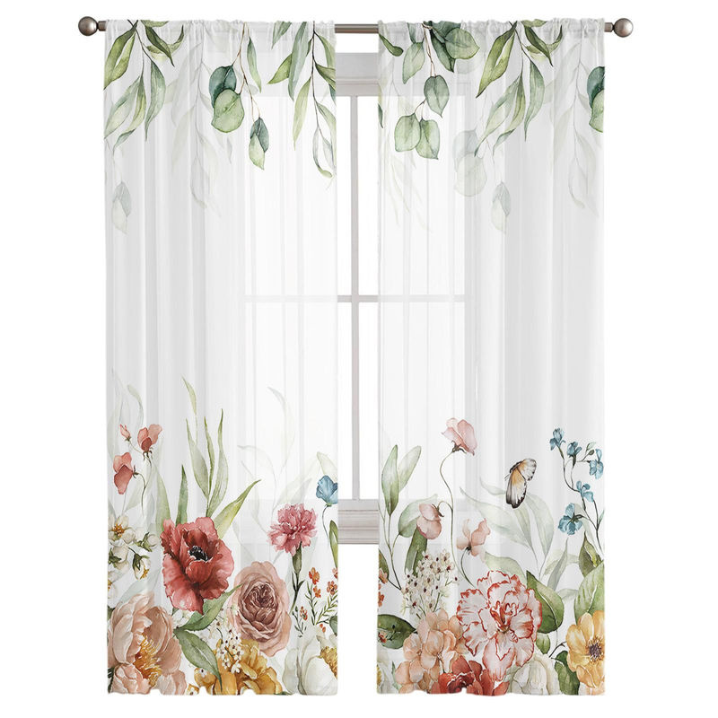 Super Six Voile Gardine mit Eukalyptus und Rosen in Weiß, Chiffon Vorhang für Wohnzimmer und Schlafzimmer, Breite: 135 cm, Höhe: 114 cm - Bild 2