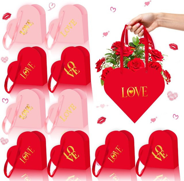 12-teiliges herzförmiges Geschenkbox-Set aus Papier mit Klappkörben und Blumenstraußbeuteln für Valentinstag - Bild 1