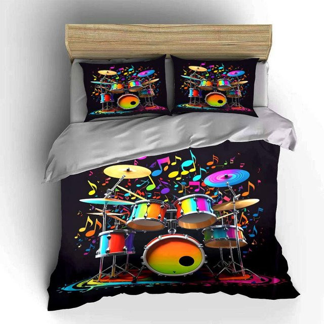 3-teiliges Bettwäsche-Set mit Schlagzeug-Motiv, buntes Design, Material Mikrofaser, B/H: 180 x 210 cm - Bild 1