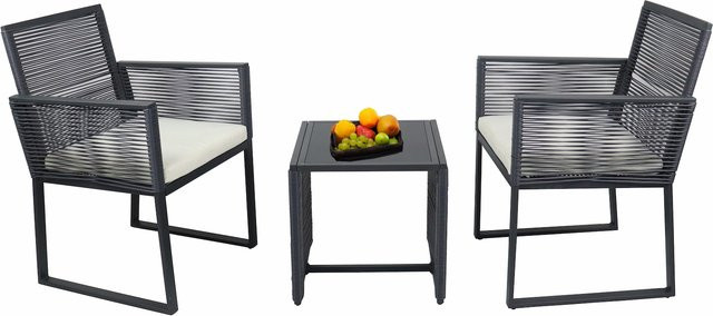 VCM 3-teiliges Gartenmöbel Set Fidola in Schwarz und Anthrazit mit 2 Loungesesseln, Auflagen und Tisch, Polyrattan und Metall, Tisch B/T: 45 x 45 cm - Bild 1