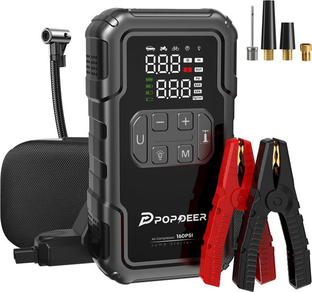 POPDEER PD-JA2 Starthilfegerät mit 4000A Booster, 160PSI Luftkompressor, Powerbank und 600LM Licht in Schwarz - Bild 1