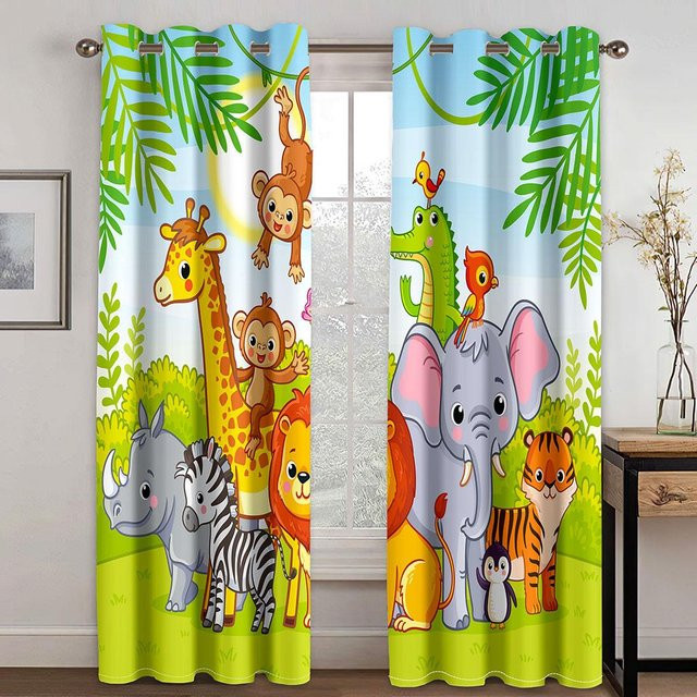 Yiran Furniture Safari Dschungel Tiere Fenster Vorhänge Set aus 2 Stück, halbtransparent, Mehrfarbig, B: 50 cm, H: 130 cm - Bild 1