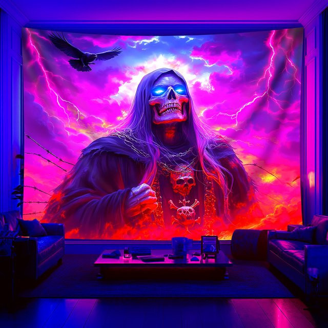 VIKAMA Dark Night Wandteppich Sensenmann Skelett Blitz Sturm Gothic Dekorative Kunst, Mehrfarbig, B/H: 60 x 40 cm - Bild 1