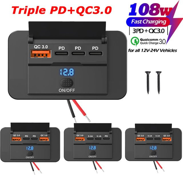 Kebidumei USB-Steckdosenpanel für Wohnmobile und Boote mit QC3.0 & PD3.0 Schnellladebuchse, LED-Voltmeter und Schalter, Schwarz, 108W 12V - Bild 1