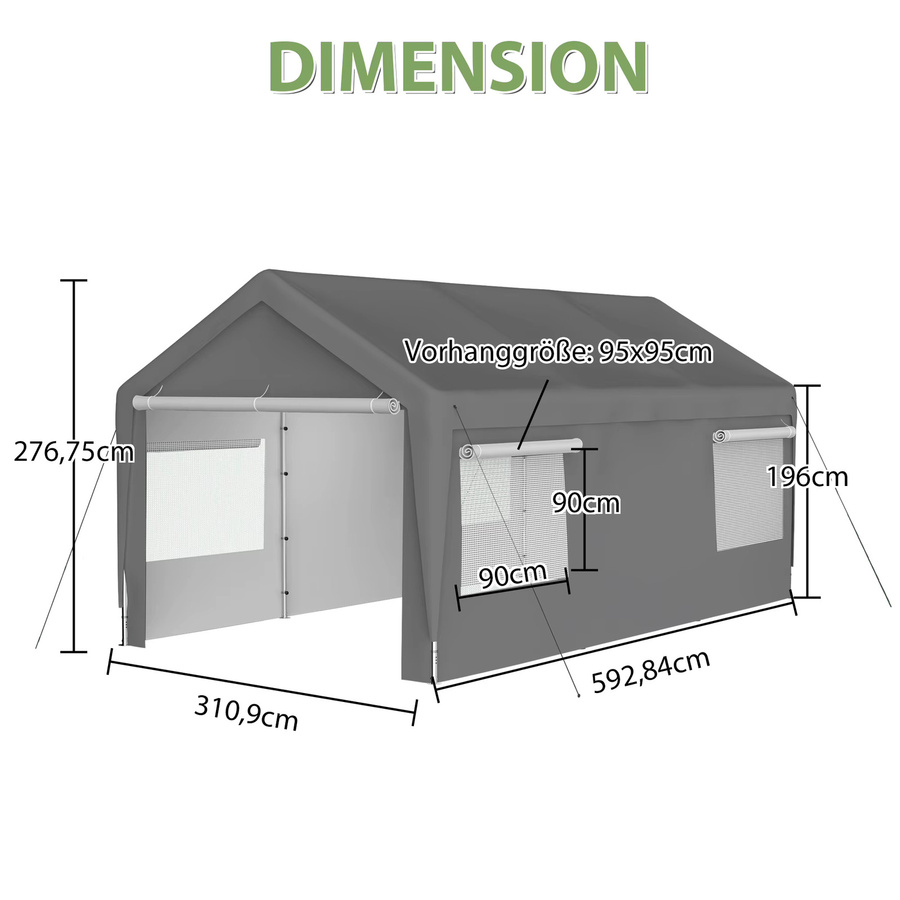 THANADDO Schwerlast-Carport mit Giebeldach in Grau, wasserdichte Outdoor-Autoüberdachung aus verzinktem Stahl mit Netzfenstern, B/T/H: 609,6 x 592,84 x 276,75 cm - Bild 2