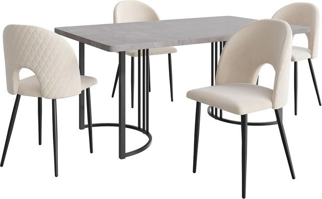 Merax Essgruppe 5-teilig in Grau und Beige mit Samt und Diamantmuster, Tisch B: 140 cm, T: 80 cm, H: 75 cm - Bild 1