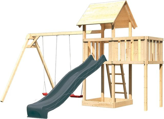 Karibu Spielturm Lotti aus Massivholz mit Rutsche, Doppelschaukel und Plattform in Natur-Anthrazit - Bild 1
