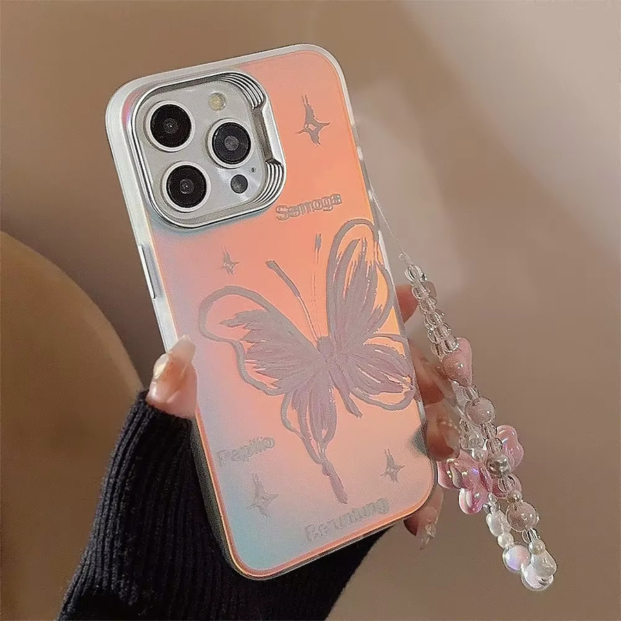 MUQGEW Laser-Handyhülle mit rosa Schmetterlingsmuster für iPhone 12 bis 17 Pro Max inklusive Armbandkette und stoßfester Hartschale - Bild 2