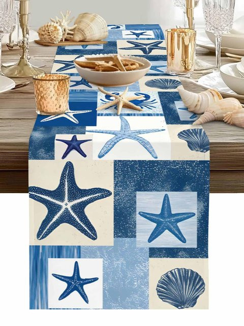 JINGYUE Pet Tischläufer aus Leinen mit Meeresmotiven in Blau und Grau, B/T: 150 x 33 cm - Bild 1
