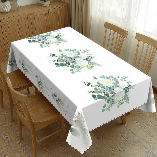 Wasserdichte Tischdecke von Fancy Style Studio mit Aquarell Eukalyptus Blumenmuster in Weiß und Grün, B/B: 90 x 140 cm - Bild 1