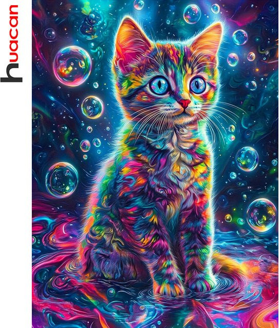 Huacan Diamantmalerei Bunte Katze als Diamant-Mosaik mit runden Steinen, B/H: 20 x 30 cm - Bild 1