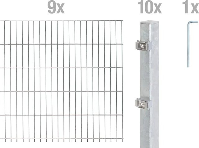 Metallzaun Doppelstabmatte Grund-Set aus Stahl, feuerverzinkt, Farbe: Silber/Grau, Breite: 9 m, Höhe: 1 m - Bild 1