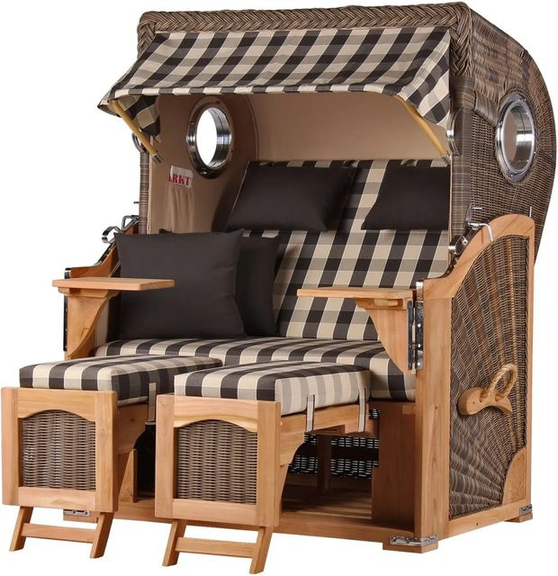 bene,iving Strandkorb Komplettset Ammersee Modell 505 aus Teakholz und PE-Rattan in Grau mit Bullauge - Bild 1