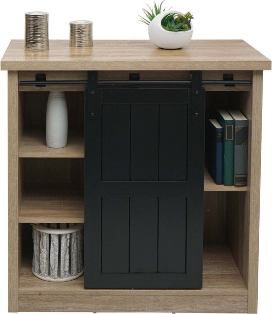 MCW Kommode K75 Industrial Schrank mit Schiebetüren und 5 Staufächern in Holz-Optik, Braun, B/H/T: 84 x 80 x 40 cm - Bild 1