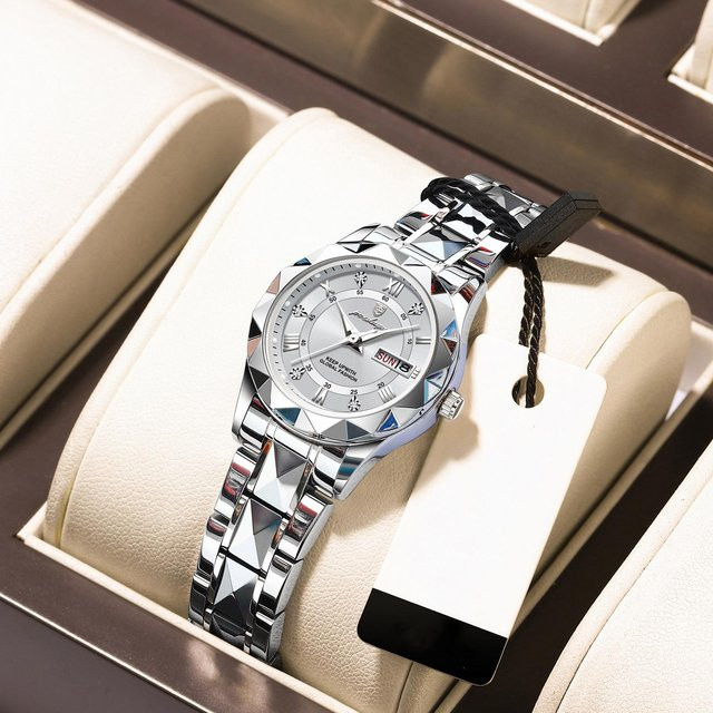 POEDAGAR Armbanduhr, Quarz, Edelstahl, weiß/silber, Damen, Wochentag, Datum - Bild 1