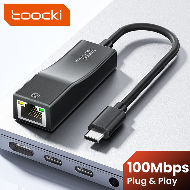Toocki USB 2.0 und Typ-C Ethernet-Adapter mit LED-Anzeige, 100 Mbit/s RJ45 LAN-Netzwerkkarte für Windows, Mac und iPad OS, Schwarz - Bild 1