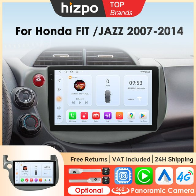 Hizpo Android 14 Auto Stereo Radio für Honda Fit Jazz (2007-2014) mit Carplay, Multimedia-Player und GPS, Schwarz - Bild 1