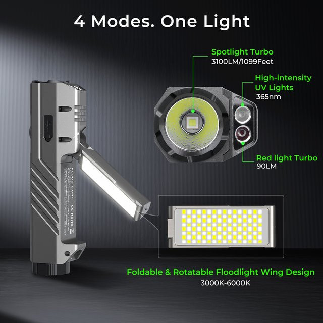 Wurkkos HD05 LED-Taschenlampe mit 3100 Lumen, UV-Licht, rotem Licht und Seitenlicht, inklusive 5000mAh Akku und Magnetschalter - Bild 1