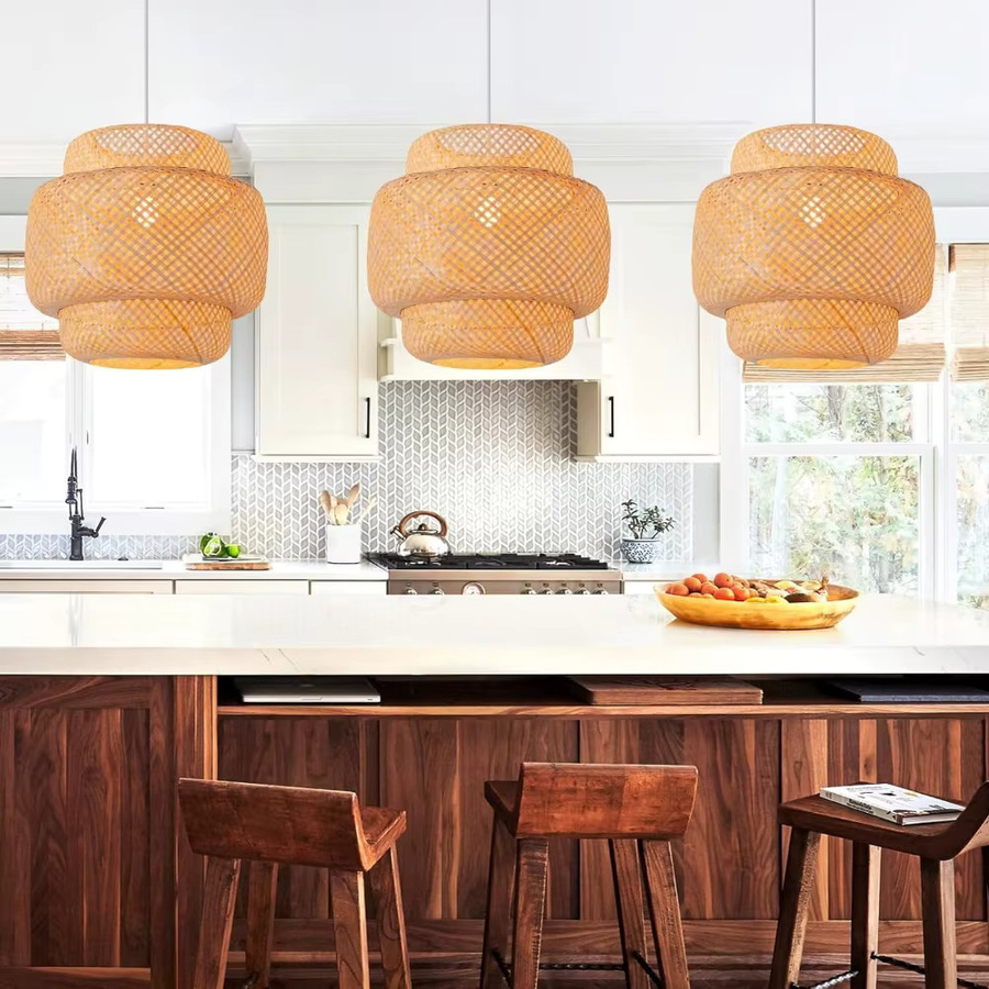 JOYINLED Bambus-Pendelleuchte aus Rattan in Beige, runde Hängelampe im Bauernhaus-Stil für Wohnzimmer, Esszimmer und Schlafzimmer - Bild 3
