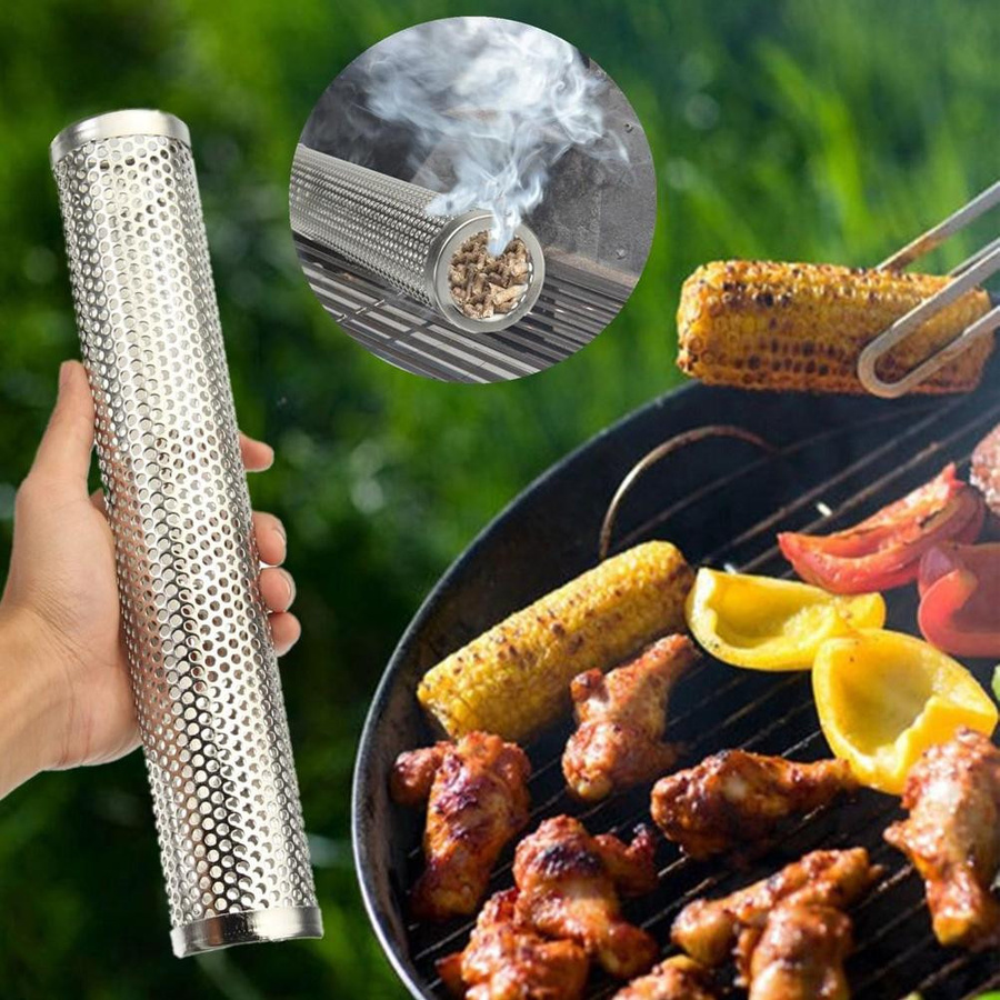 Edelstahl Netz-Pellet-Räucherröhre rund für Outdoor Grill zum Kalt- und Heißräuchern in Silber - Bild 2