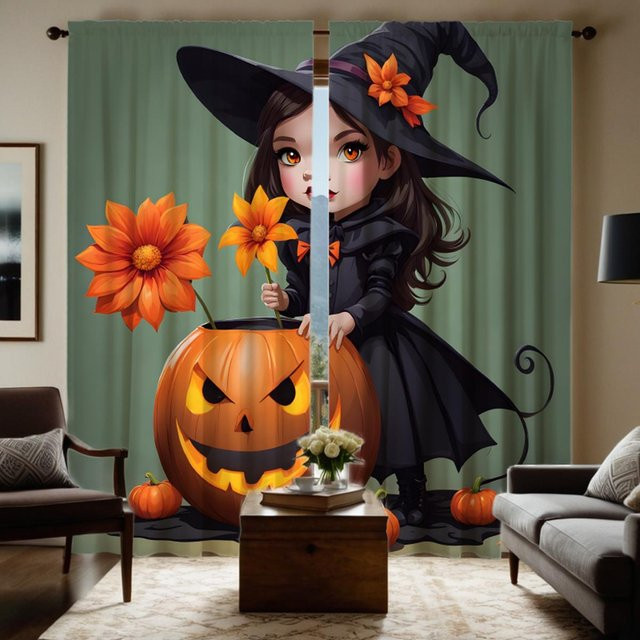 2er Set Halloween Vorhang mit Kürbis, Laterne, Blume und Hexe in Grün und Schwarz, digital bedruckter Dekovorhang, B: 132 cm, H: 160 cm - Bild 1