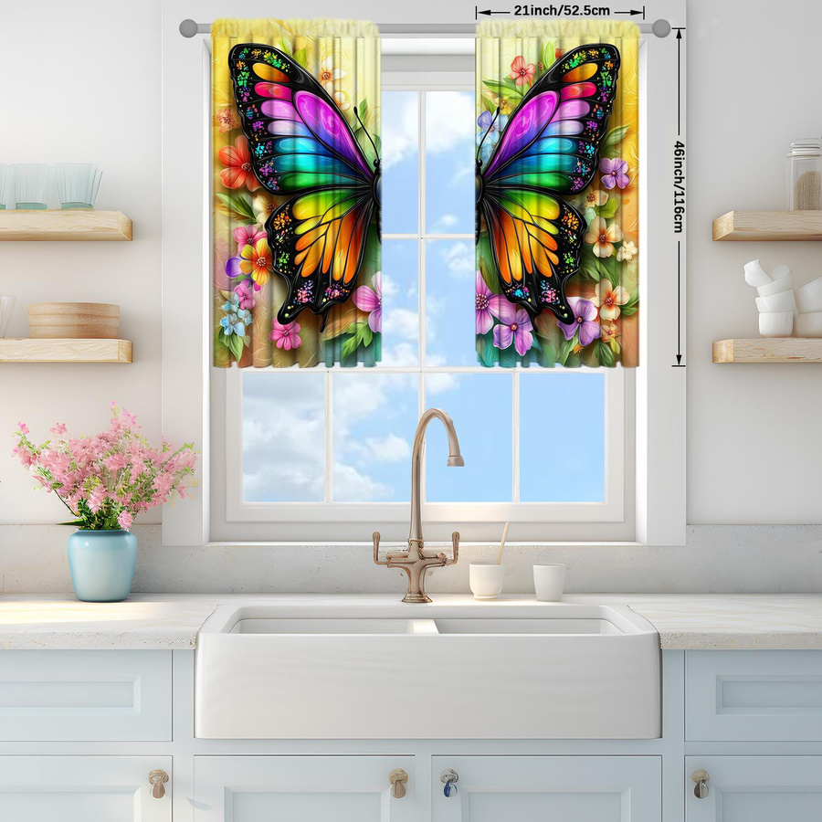 2er-Set bunte Schmetterlings-Vorhänge mit floralem Design, halbtransparent, Farbe: Mehrfarbig, B x H: 52,5 x 116 cm - Bild 3