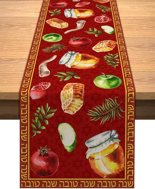 JINGYUE Pet Shana Tova Tischläufer für Rosch Haschana und das jüdische Neujahr, Farbe: Rot, B/H: 33 x 150 cm - Bild 1