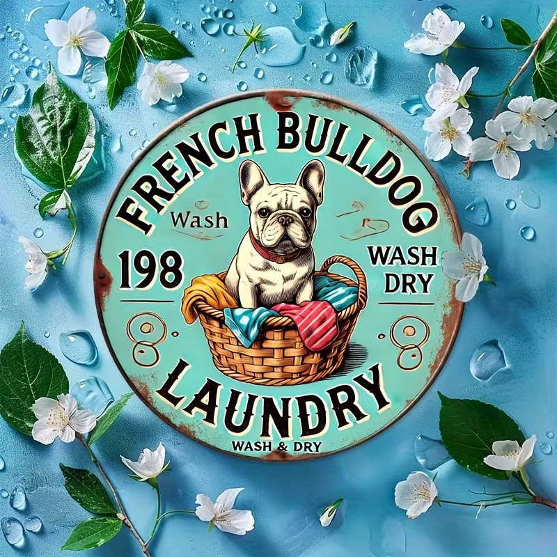 Potdemiel Vintage Wandkunstschild aus Metall mit Französischer Bulldogge und Eukalyptus, Türkis, Rund, B: 20 cm, H: 20 cm, T: 1 cm - Bild 4