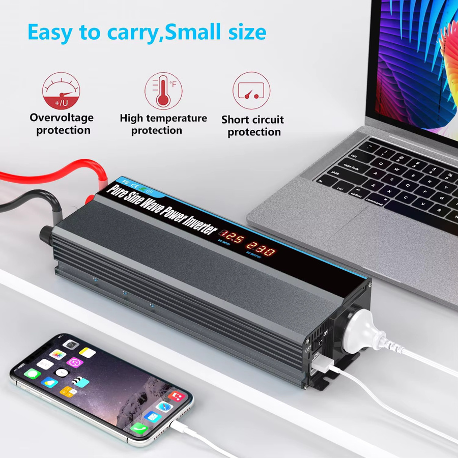 WUIETI Reiner Sinus-Wechselrichter 1000W DC 12V zu AC 230V mit 2000W Spitzenleistung, EU-Steckdose, USB-A und USB-C sowie LCD-Display für Auto und Wohnmobil - Bild 2