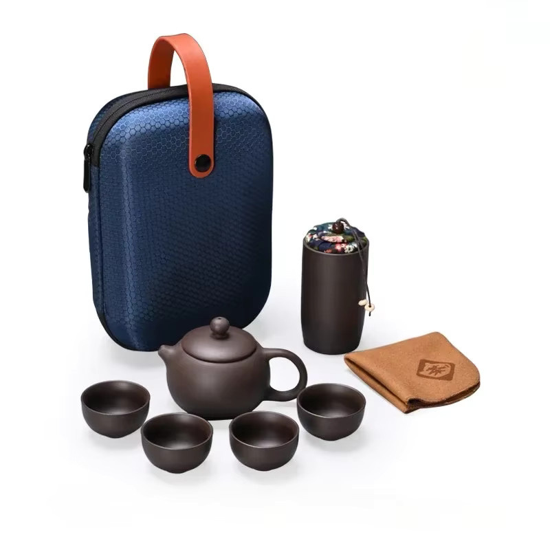 Tragbares chinesisches Reise-Teeset aus Keramik in Braun mit Teekanne und 4 Tassen für die Teezeremonie beim Camping - Bild 5