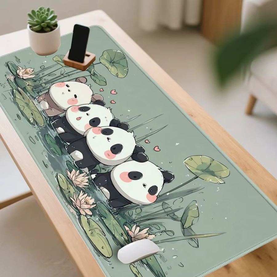 Großes Gaming-Mauspad im Anime-Stil mit Panda-Design und Lotus-Teich, grüne Schreibtischunterlage für Büro und PC-Zubehör - Bild 4