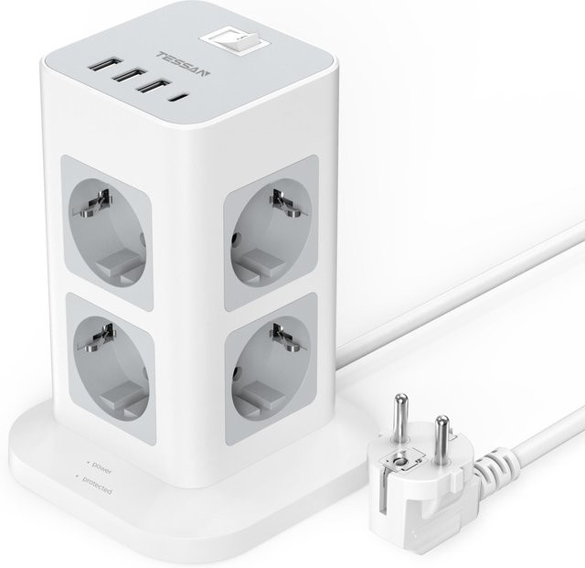 TESSAN Tower Steckdosenleiste in Schwarz und Grau mit 8 AC-Ausgängen, 3 USB-Anschlüssen (USB-A und USB-C) sowie 2 m Verlängerungskabel - Bild 1