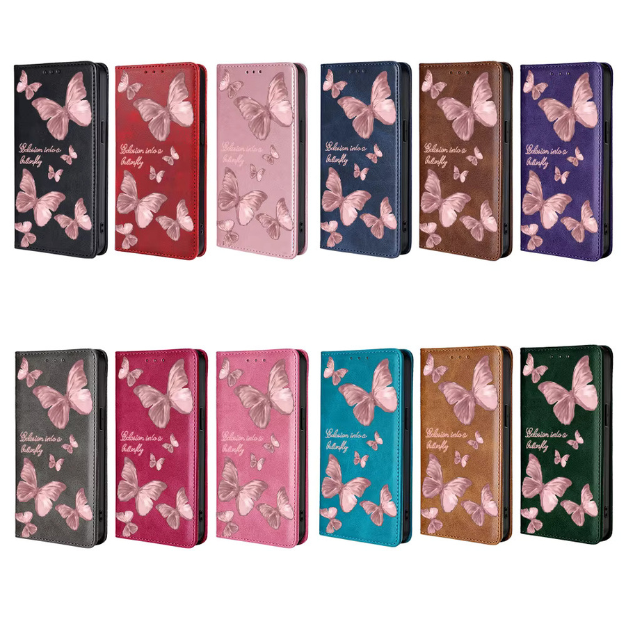Samsung Wallet Cover mit Schmetterlingsmuster in Rosa für Galaxy S25 Ultra S25 FE S24 S23 S22 Plus Flip A17 A07 A56 A36 A26 aus Leder - Bild 4