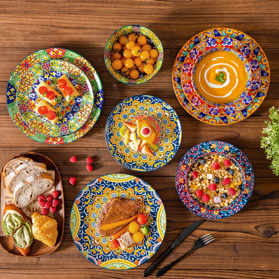 vancasso Tafelservice aus Keramik und Porzellan mit floralem Design in Orange und Multicolour, 12/24 Stück Set bestehend aus Speisetellern, Desserttellern und Schüsseln - Bild 4