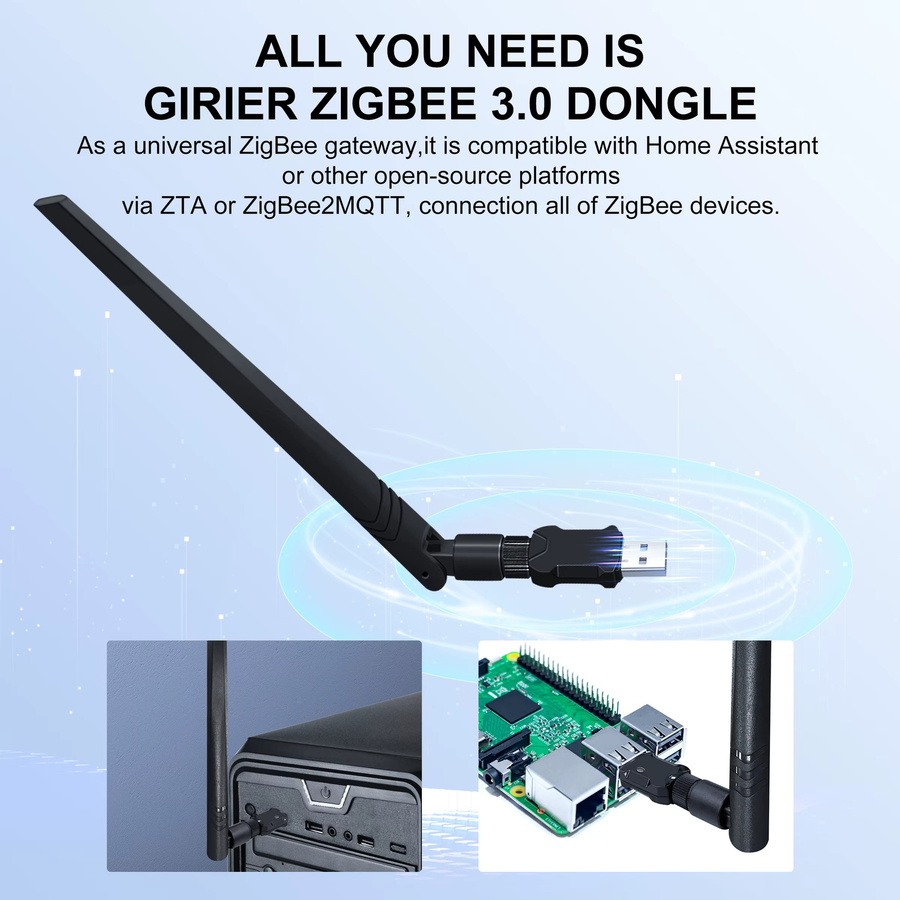 GIRIER ZigBee 3.0 USB-Dongle kabelloses Universal-Gateway mit High-Gain-Antenne in Schwarz für OpenHAB ZigBee2MQTT und Home Assistant - Bild 3