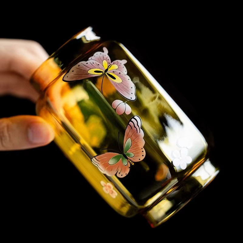 Retro Kerzenständer aus Glas mit Wolkenmuster und floralem Schmetterlingsdesign in Transparent für Tealight-Kerzen - Bild 4