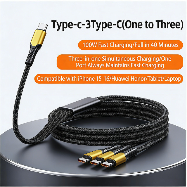 VBVC 3-in-1 USB-C Schnellladekabel mit 100W Leistung, 3x USB-C Anschlüsse, Schwarz - Bild 1
