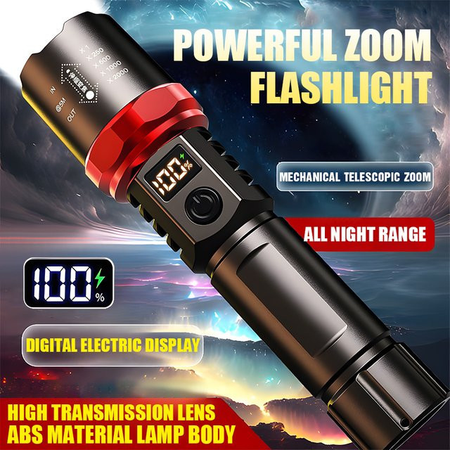 Heinast Taktische LED-Taschenlampe in Schwarz mit Display und USB-Aufladung für Camping und Angeln - Bild 1