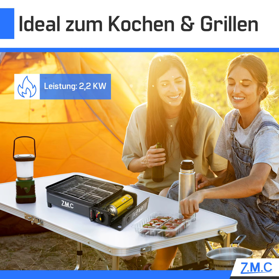 Z.M.C 2-in-1 Campingkocher und Gasgrill mit 2,2 kW Leistung, Piezo-Zündung und LPG-Anschluss, Schwarz, Tragbar mit Koffer - Bild 5
