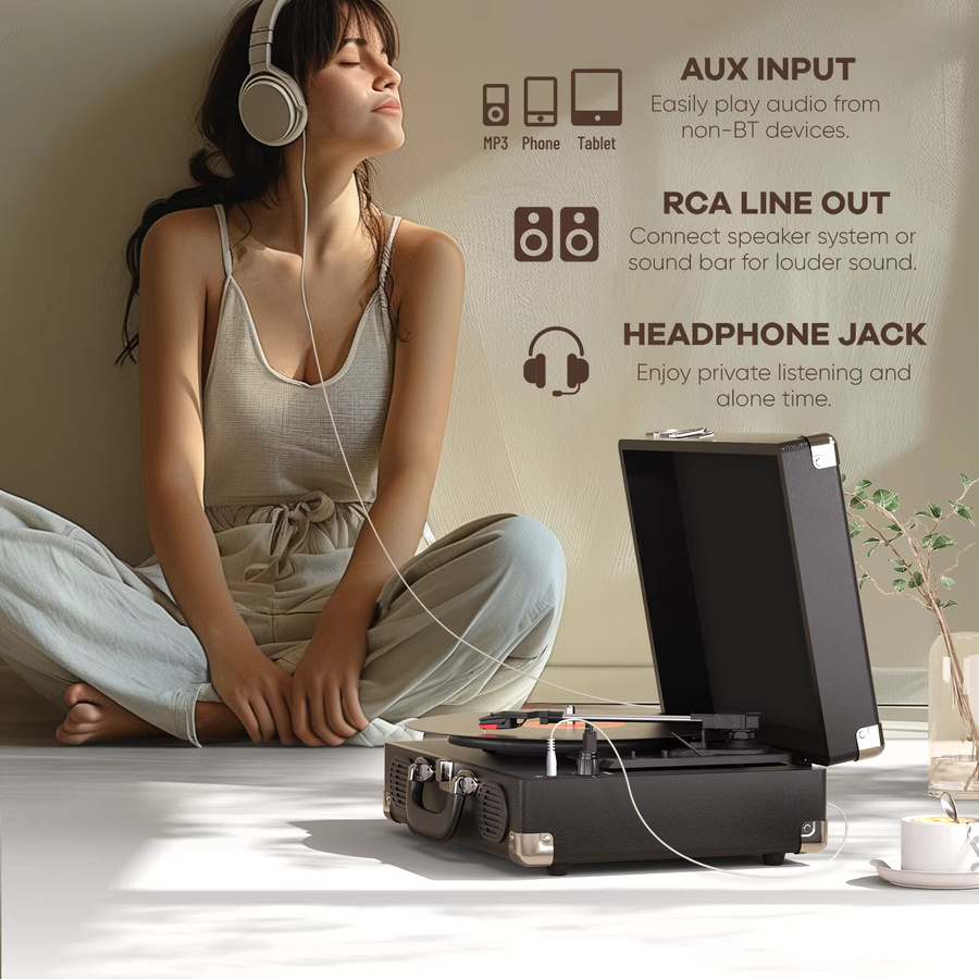 Maio S100 Riemengetriebenes Vintage-Grammophon in Schwarz mit eingebautem Lautsprecher und 3 Geschwindigkeiten für High-Fidelity-Stereo - Bild 7