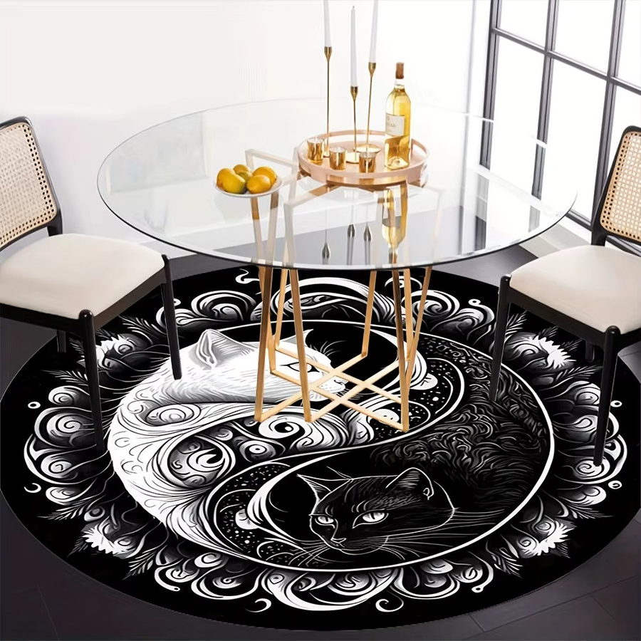VIKAMA Runde Bodenmatte Yin-Yang Schwarz-Weiß-Katze für Wohnzimmer, Schlafzimmer und Spielzimmer, Durchmesser: 60 cm - Bild 3